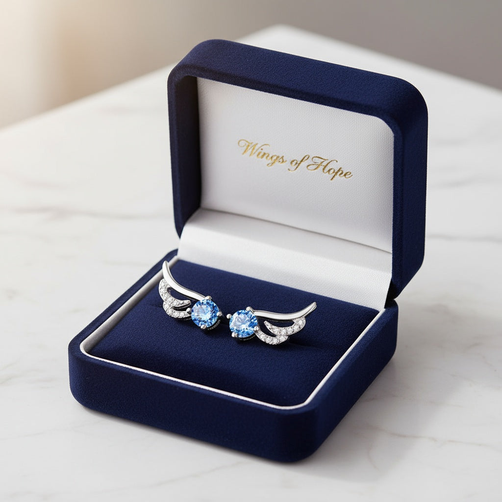 Angyalszárnyak fülbevaló kék kristállyal whitegold