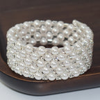 Elegant Multi-Layer Faux Pearl Bracelet Shiny Square Rhinestone Open Bangle Iron Alloy Winding Wristband For Women Wedding Pa