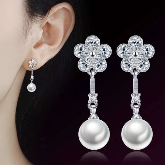 Kristály virág-gyöngy fülbevaló whitegold