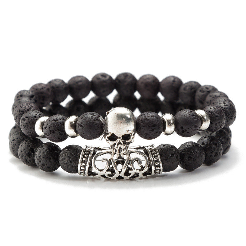 Koponyás lávakő dupla ásvány karkötő fekete