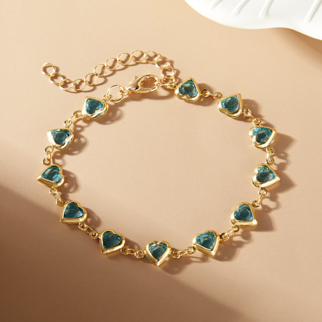 Szíves-kristályos karkötő gold-zöldeskék