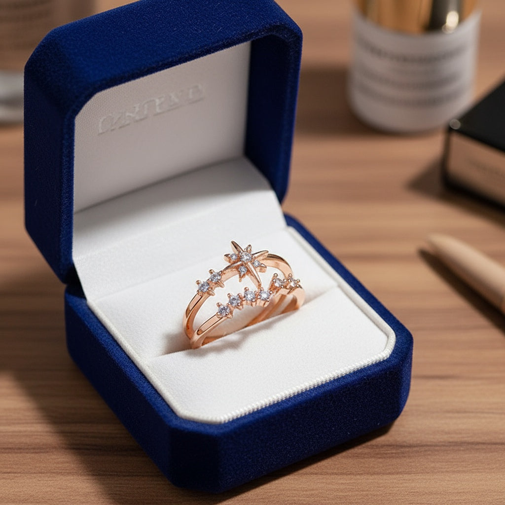 Csillagos kristályos gyűrű rosegold (állítható méret)