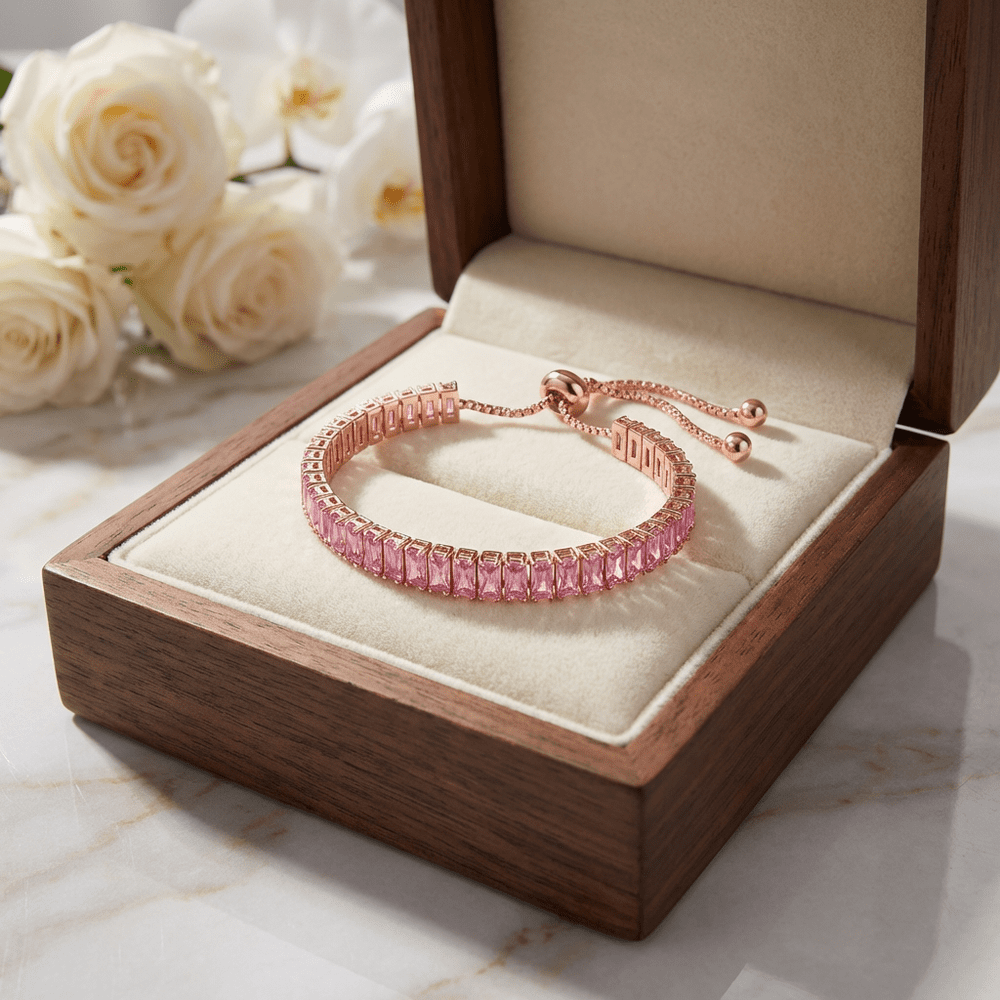 Mireia négyzet kristályos tenisz karkötő rosegold-pink