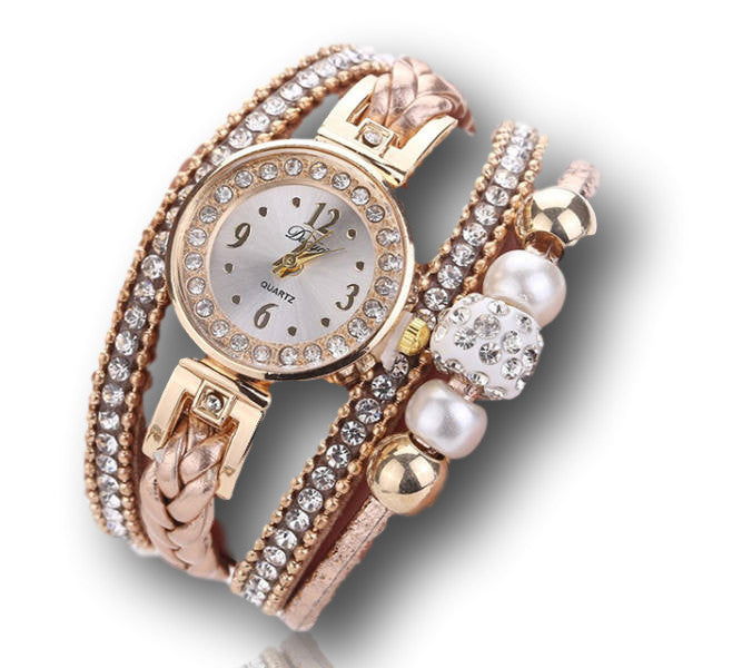 Exkluzív gyöngyös-kristálygolyós karkötőóra arany-bézs