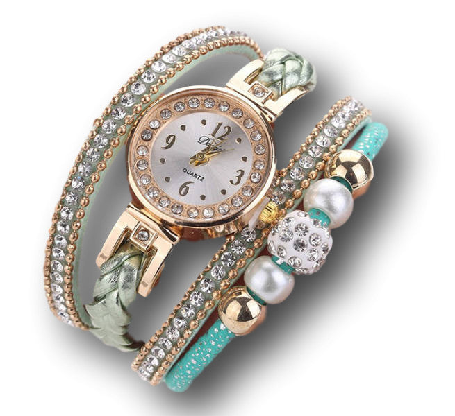 Exkluzív gyöngyös-kristálygolyós karkötőóra menthol