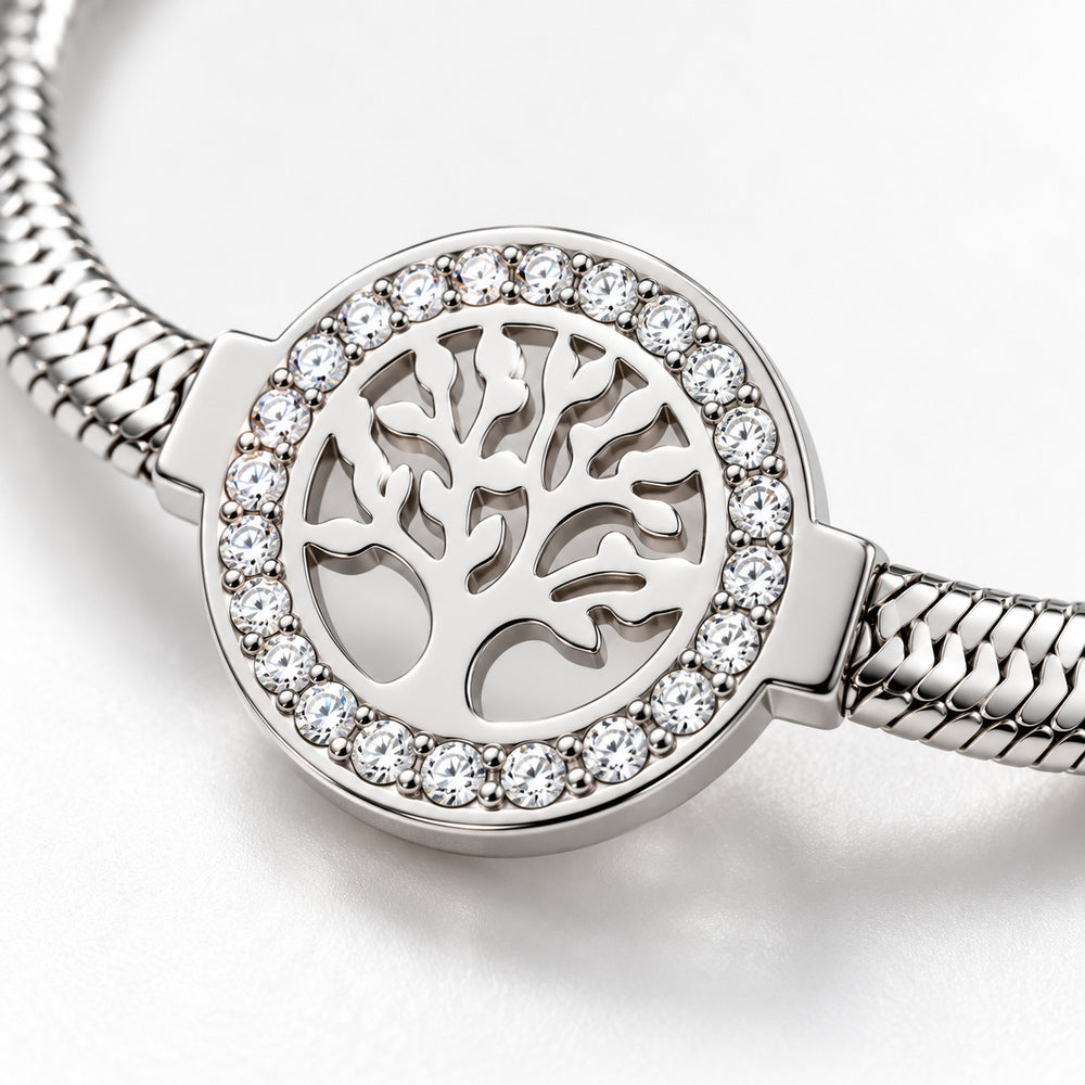 Élet fája nemesacél karkötő kerek kristályos medállal whitegold – makró részlet