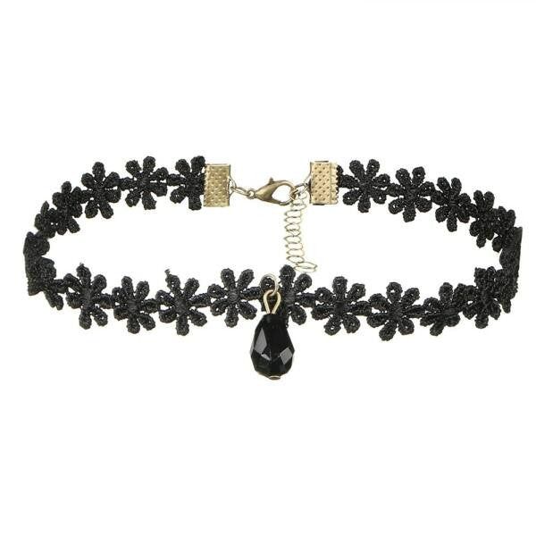 Choker nyaklánc virágos csipke fekete kristállyal