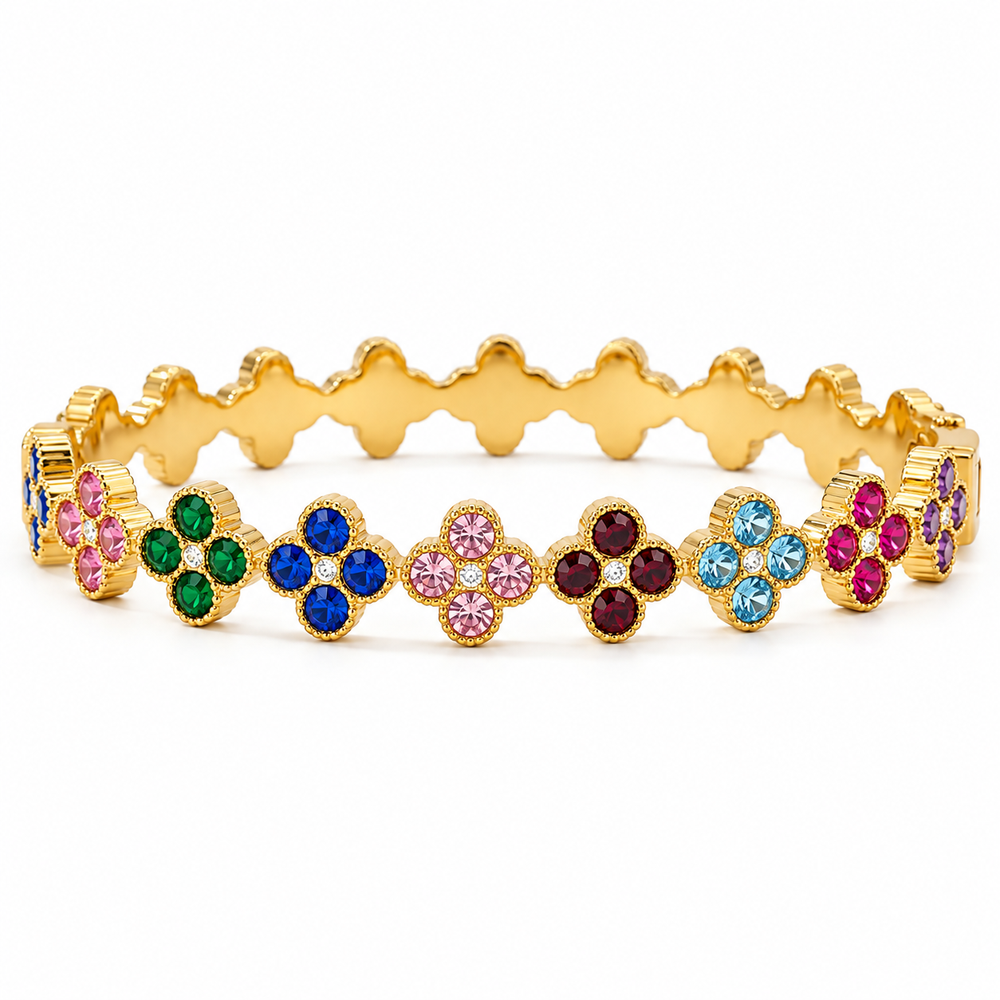 Multicolor kristályvirágok nemesacél karperec gold – fehér hátteres stúdiófotó