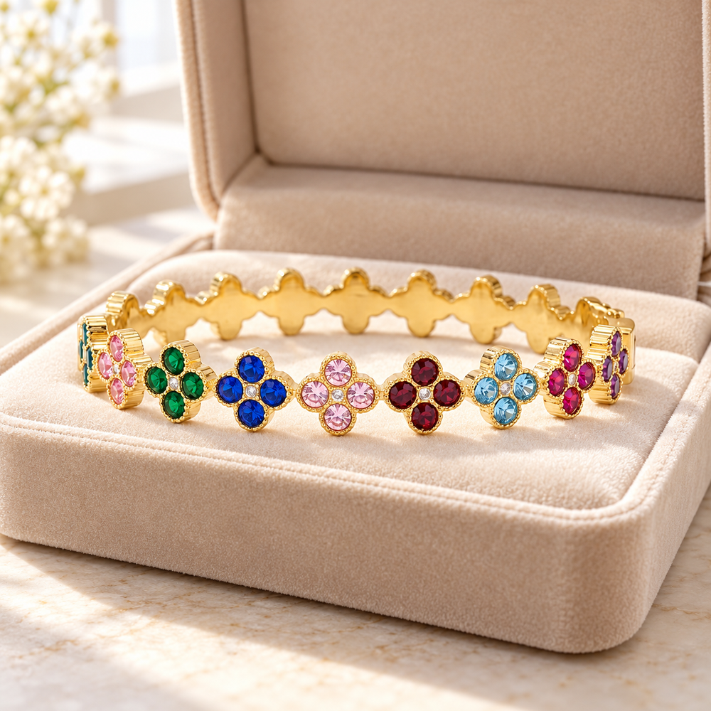 Multicolor kristályvirágok nemesacél karperec gold – ékszerdobozban
