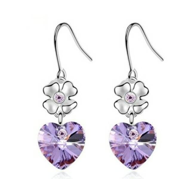 Virágos szív fülbevaló ibolya Swarovski kristállyal