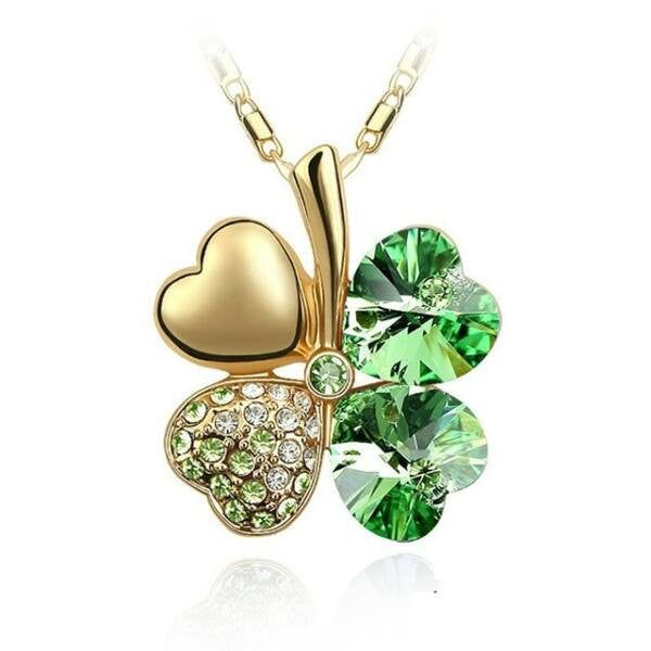 Négylevelű lóhere szerencsenyaklánc Swarovski kristállyal arany-zöld