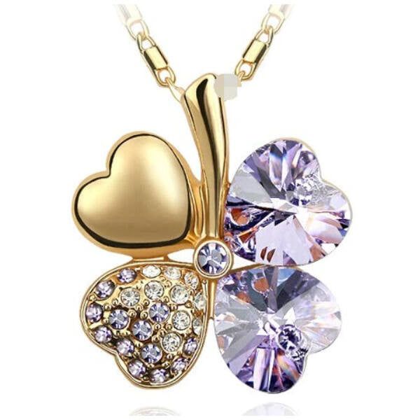 Négylevelű lóhere szerencsenyaklánc Swarovski kristállyal arany-ibolya