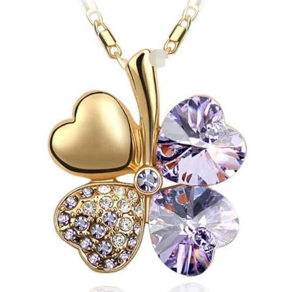 Négylevelű lóhere szerencsenyaklánc Swarovski kristállyal arany-ibolya