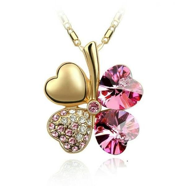 Négylevelű lóhere szerencsenyaklánc Swarovski kristállyal arany-pink