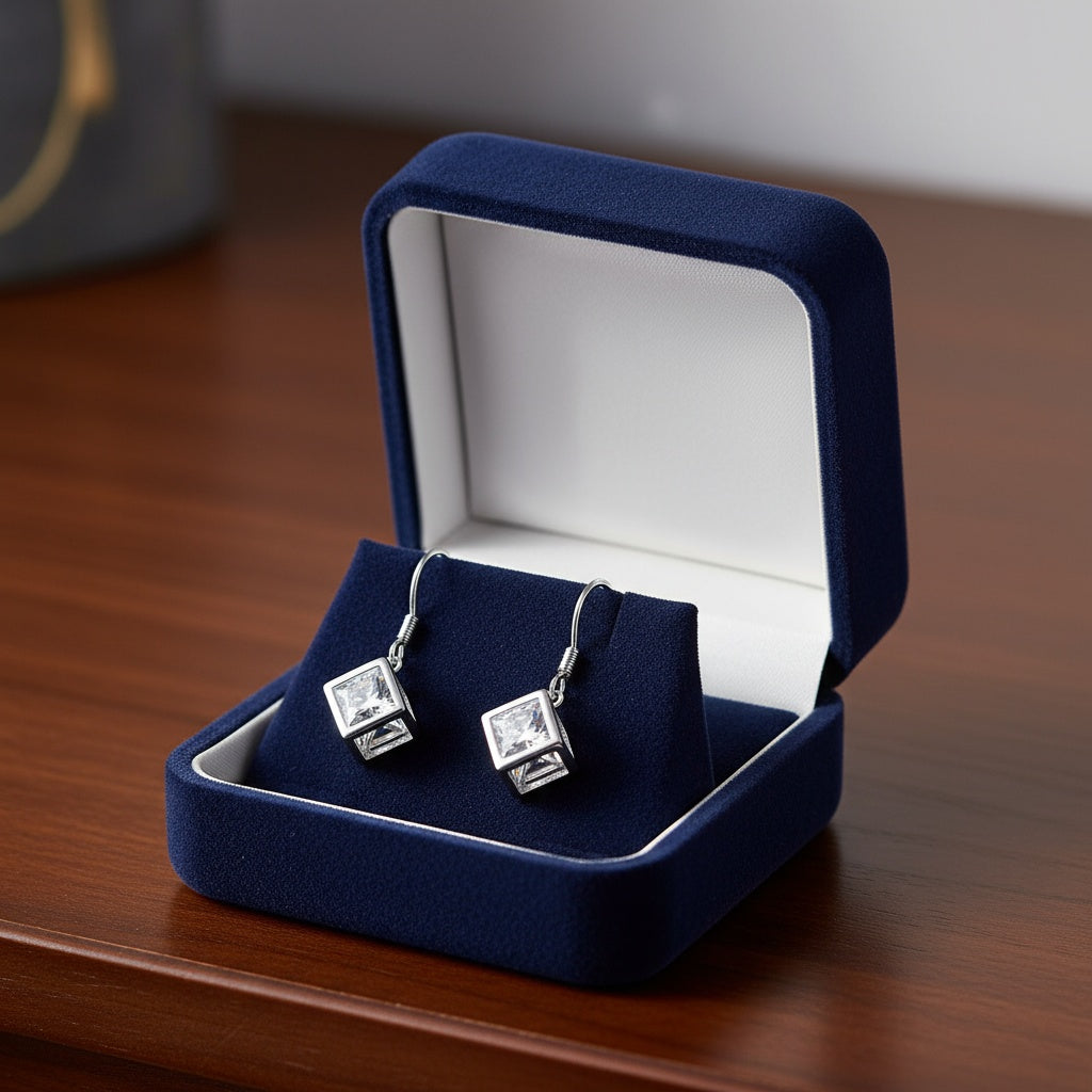 Kockában kristály női fülbevaló whitegold