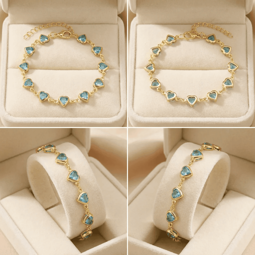 Szíves-kristályos karkötő gold-zöldeskék