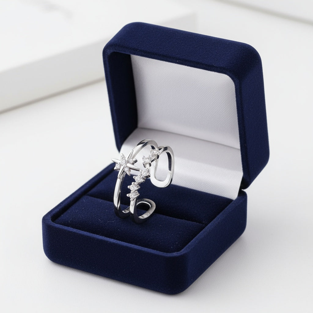 Csillagos kristályos gyűrű whitegold (állítható méret)