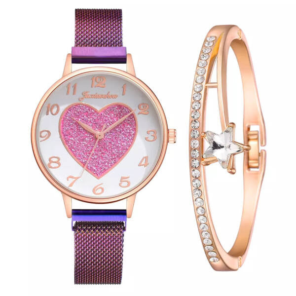 Smoon szív számlapos óra-karkötő szett rosegold-lila