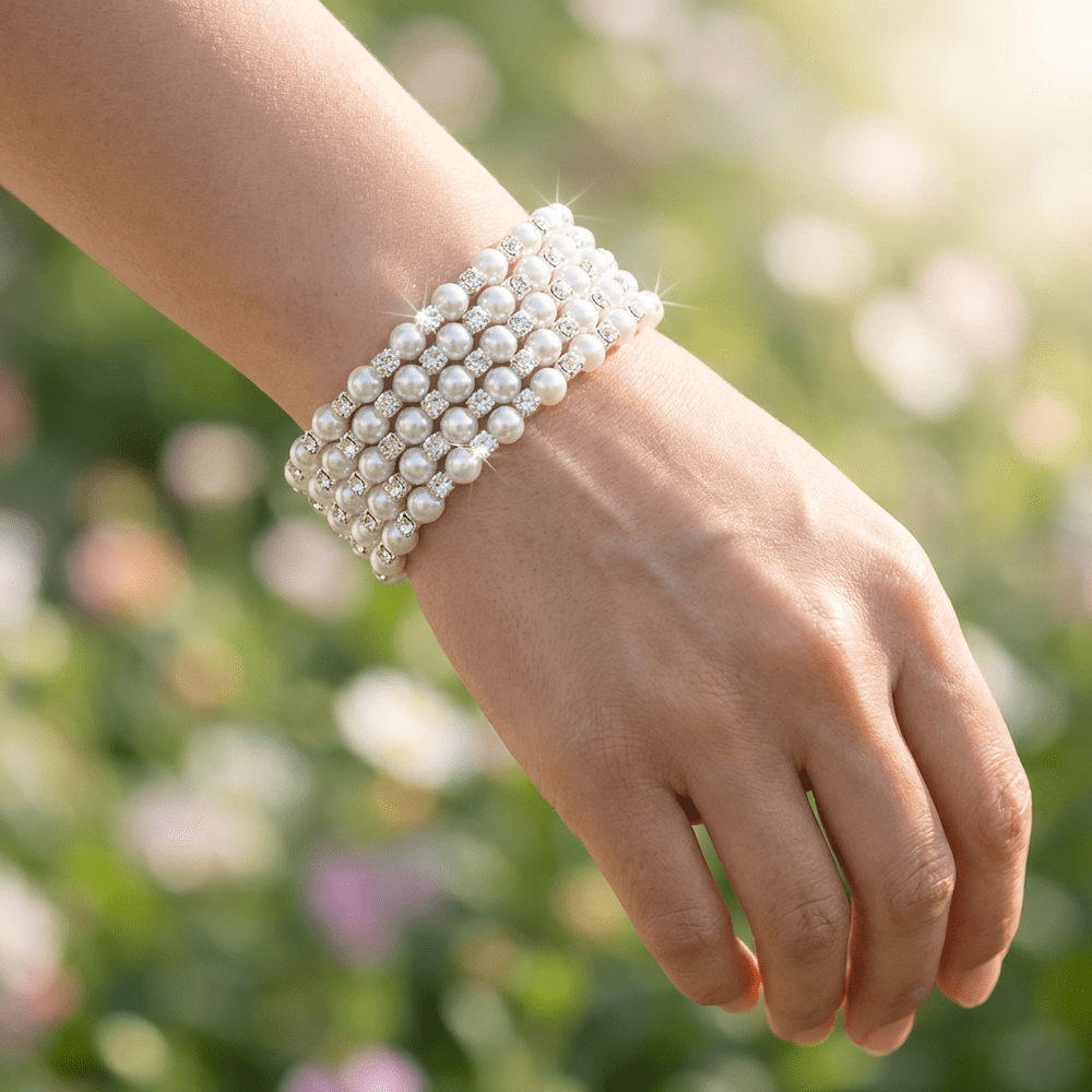 Manuela 5 soros gyöngy-kristály karkötő whitegold