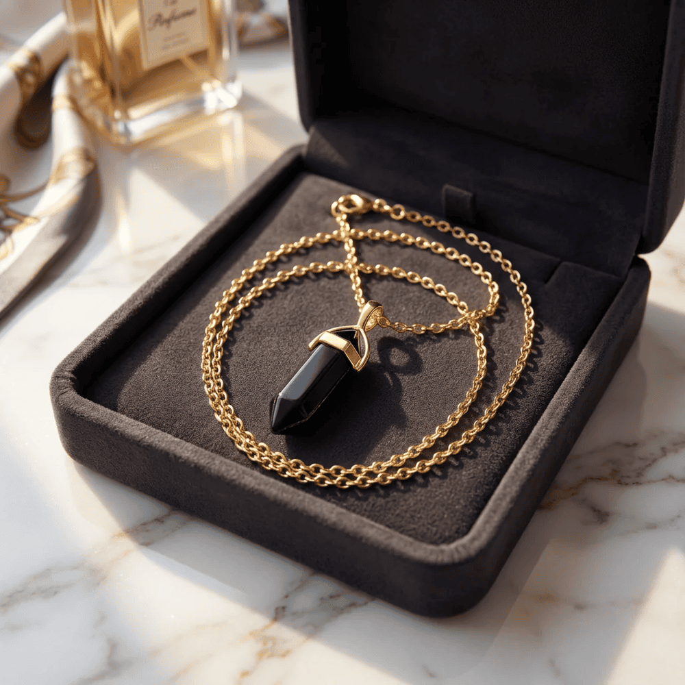 Ásvány függős nyaklánc arany fekete achát