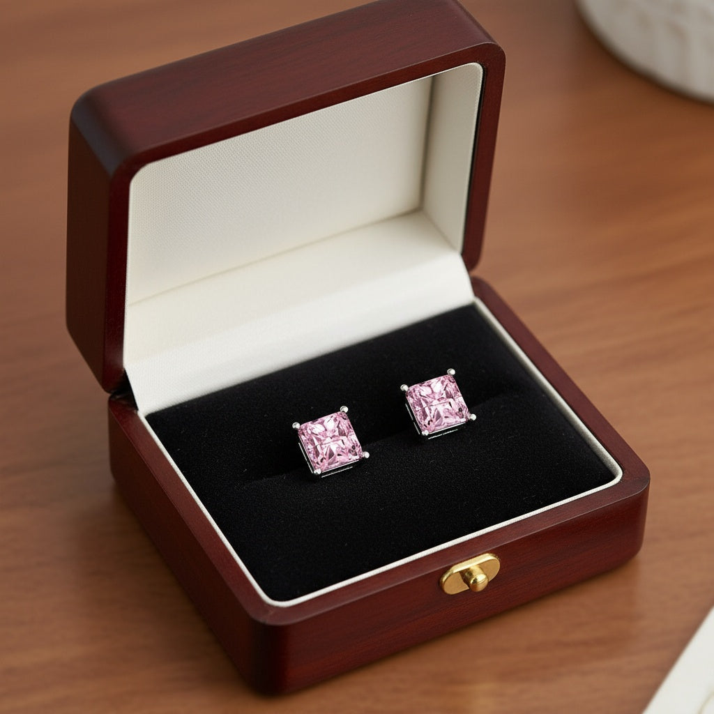 Négyzet kristály fülbevaló whitegold-rózsaszín