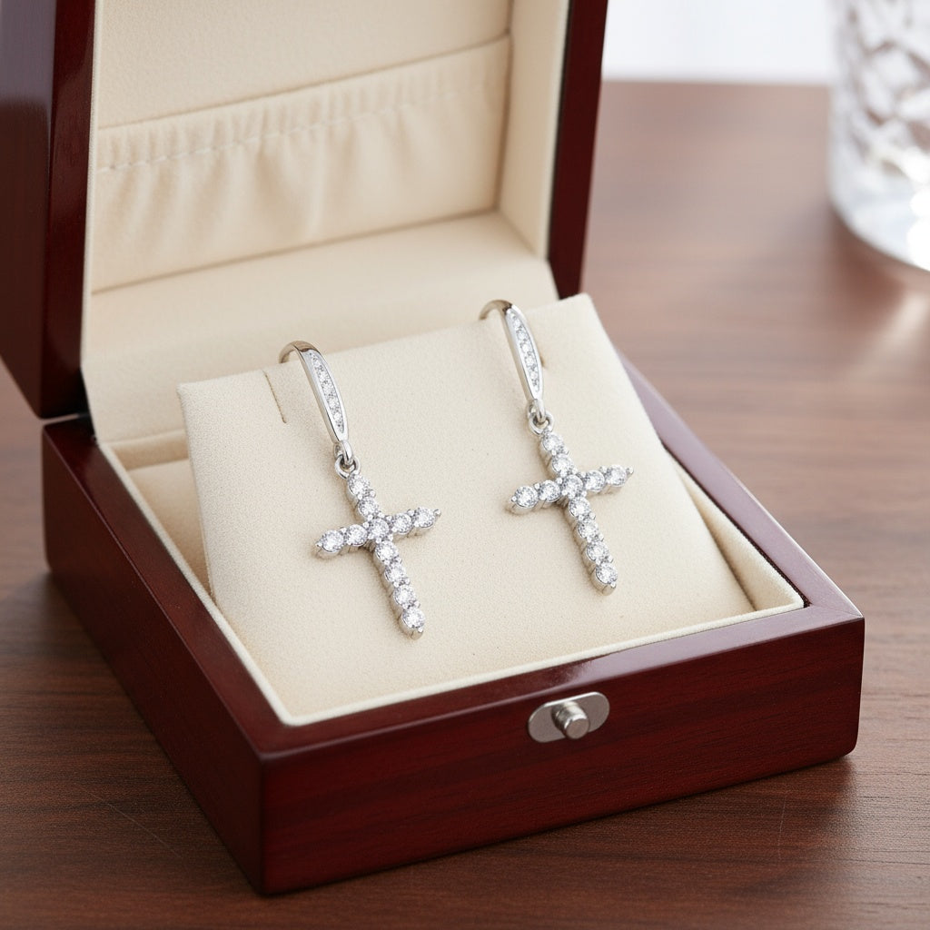 Lógós kristály kereszt fülbevaló whitegold